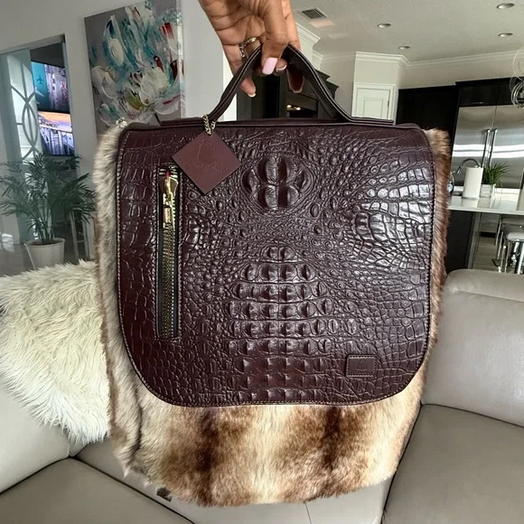 Faux Fur and Brown Leather Bag Set - Picture 8 of 13